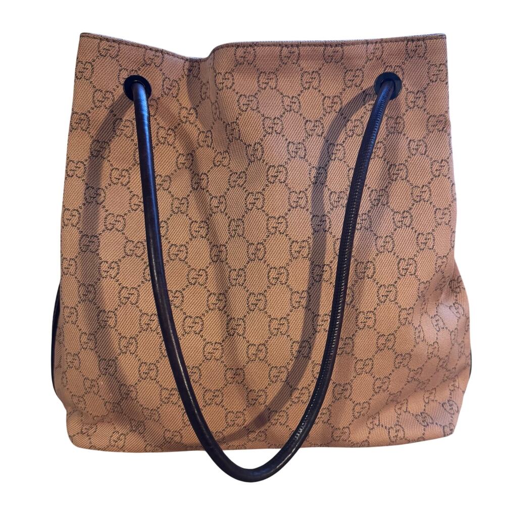 Auth. Vintage Gucci Tan GG Canvas Tote Shoulder Bag